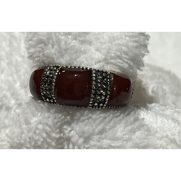Designer Womens Carnelian Marcasite Sterling Silver Art Deco Style Ring Sz 6.75 - Picture 2 of 8